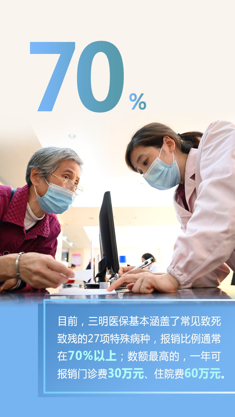 三明市第一医院医保办工作人员（右）向前来咨询药品报销问题的居民讲解相关政策